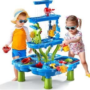 4 -tier Kids Water Play Table للأطفال الصغار 3-5 4-8 ، منسوب الرمال والماء مع مجموعة نشاط غني ، ومياه زرقاء ونشاط الحسية الرملي الطاولة شاطئ الصيف في الهواء الطلق في الهواء الطلق ل 3 4 5 6 7 8