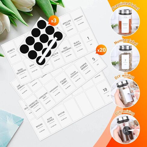 Segarty Preprinted Spice Labels, 432 Round Black Printed Pantry Labels and Blank Stickers with 1 Chalk Marker Set, Reusable Write-on Stickers for Spice Jars Rack, Food Containers, Seasoning Bottles in Kuwait
