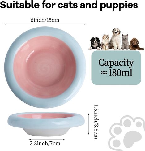6-Inch Ceramic Cat Food Bowl,6 Oz Wide Shallow Cat Bowls,Whisker Fatigue Relief,Anti-Vomiting Design,Spine Protection for Cats,Dishwasher and Microwave Safe,Set of 1(Pink and Blue) in Saudi Arabia
