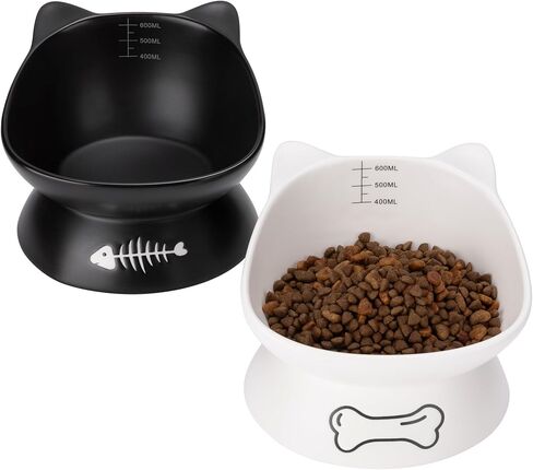 Navaris Cat Bowls Set of 2-400 ml Volume Marks for Accurate Feeding - Ceramic Bowl Elevated for Improved Digestion and Posture for Cats - Suitable for Dishwasher Use in Saudi Arabia