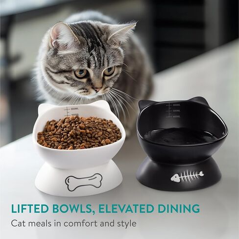 Navaris Cat Bowls Set of 2-400 ml Volume Marks for Accurate Feeding - Ceramic Bowl Elevated for Improved Digestion and Posture for Cats - Suitable for Dishwasher Use in Saudi Arabia