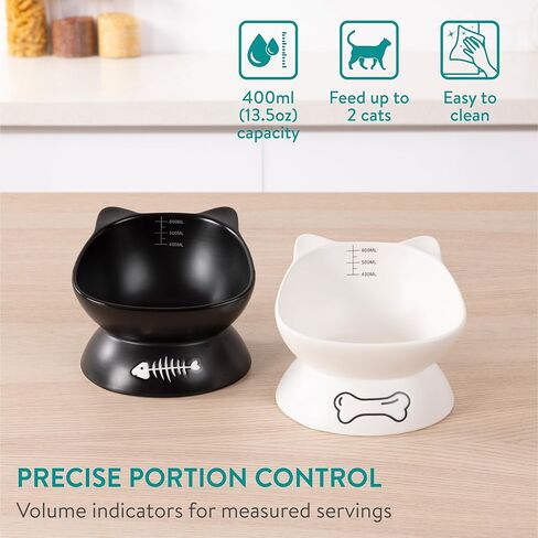 Navaris Cat Bowls Set of 2-400 ml Volume Marks for Accurate Feeding - Ceramic Bowl Elevated for Improved Digestion and Posture for Cats - Suitable for Dishwasher Use in Saudi Arabia