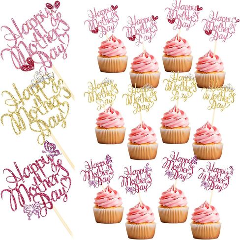 Spakon 60 Pcs Happy Mothers Day Cupcake Toppers Glitter Cake Toppers Cupcake Stickers Love You Mom Heart Mother Happy Birthday Party Supplies Icing Decorations (Cute Style) in Kuwait