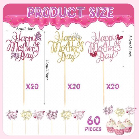Spakon 60 Pcs Happy Mothers Day Cupcake Toppers Glitter Cake Toppers Cupcake Stickers Love You Mom Heart Mother Happy Birthday Party Supplies Icing Decorations (Cute Style) in Kuwait