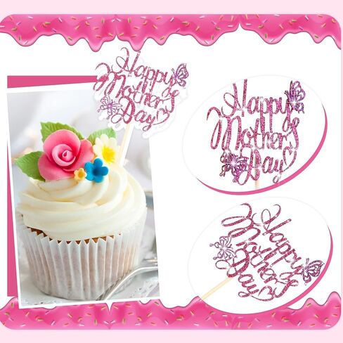 Spakon 60 Pcs Happy Mothers Day Cupcake Toppers Glitter Cake Toppers Cupcake Stickers Love You Mom Heart Mother Happy Birthday Party Supplies Icing Decorations (Cute Style) in Kuwait