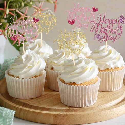 Spakon 60 Pcs Happy Mothers Day Cupcake Toppers Glitter Cake Toppers Cupcake Stickers Love You Mom Heart Mother Happy Birthday Party Supplies Icing Decorations (Cute Style) in Kuwait