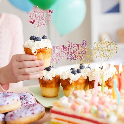 Spakon 60 Pcs Happy Mothers Day Cupcake Toppers Glitter Cake Toppers Cupcake Stickers Love You Mom Heart Mother Happy Birthday Party Supplies Icing Decorations (Cute Style) in Kuwait