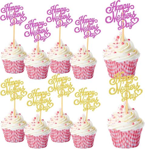 Spakon 60 Pcs Happy Mothers Day Cupcake Toppers Glitter Cake Toppers Cupcake Stickers Love You Mom Heart Mother Happy Birthday Party Supplies Icing Decorations (Cute Style) in Kuwait