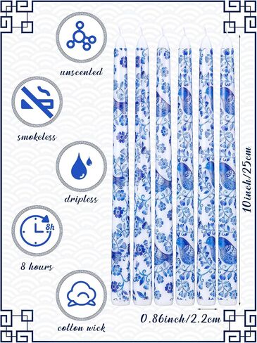 12 Pack Chinoiserie Taper Candles Blue and White Taper Candle 10inch Blue Willow Decorative Taper Candles Bulk for Coworkers Home Decoration Wedding Women in Saudi Arabia