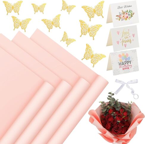 Sawnfay 20 Sheets Flower Wrapping Paper, Waterproof Bouquet Wrapping Paper,with 3D Gold Butterfly, Ribbon and Greeting Cards for Wedding DIY Craft Birthday Graduation (Pink) in Saudi Arabia