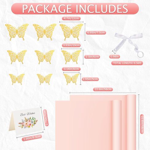 Sawnfay 20 Sheets Flower Wrapping Paper, Waterproof Bouquet Wrapping Paper,with 3D Gold Butterfly, Ribbon and Greeting Cards for Wedding DIY Craft Birthday Graduation (Pink) in Saudi Arabia