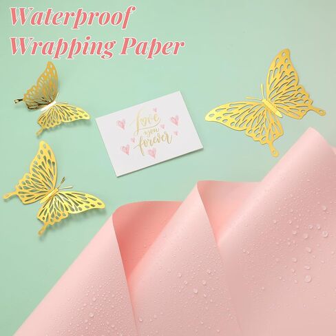 Sawnfay 20 Sheets Flower Wrapping Paper, Waterproof Bouquet Wrapping Paper,with 3D Gold Butterfly, Ribbon and Greeting Cards for Wedding DIY Craft Birthday Graduation (Pink) in Saudi Arabia