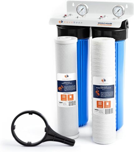 Aquaboon Whole House 2-Stage Water Filter System for Well Water w/ 5 Micron Sediment Filter & Carbon Filter Cartridge & 20x4.5 Big Water Filter Housing w/Wrench, Steel Frame & Pressure Gauge & Release in Saudi Arabia