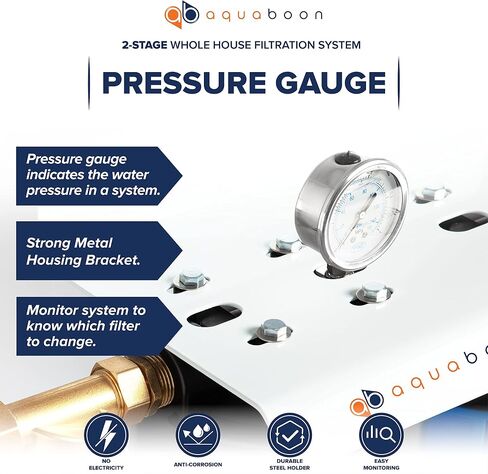 Aquaboon Whole House 2-Stage Water Filter System for Well Water w/ 5 Micron Sediment Filter & Carbon Filter Cartridge & 20x4.5 Big Water Filter Housing w/Wrench, Steel Frame & Pressure Gauge & Release in Saudi Arabia
