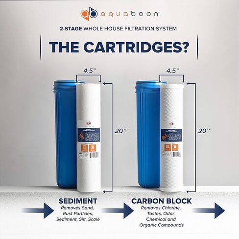 نظام تصفية المياه Aquaboon Whole House بمرحلتين لمياه الآبار مع فلتر رواسب 5 ميكرون وخرطوشة فلتر الكربون وغطاء فلتر مياه كبير 20 × 4.5 مع مفتاح ربط وإطار فولاذي ومقياس الضغط والإصدار in Kuwait