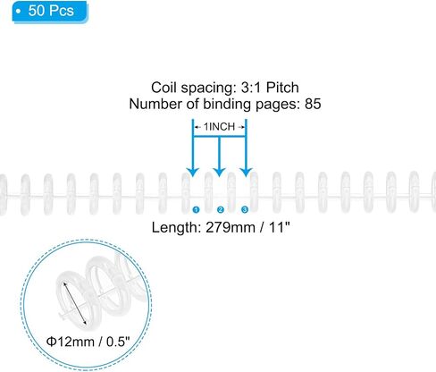 Patikil 12mm (1/2 ") لفائف ربط دوامة بلاستيكية ، 50 PCS اللوحيات الملزمة 85 ورقة 3: 1 حلزونية ملزمة الملعب لألواح الورق الملزمة ، أبيض شفاف in Kuwait