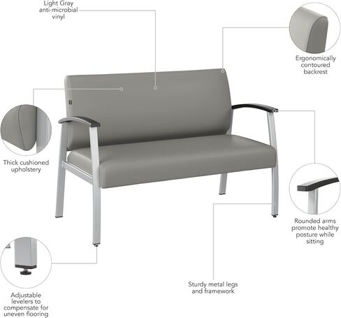 Bush Business Furniture Arrive Waiting Room Loveseat with Arms in Light Gray Vinyl, Reception Area Seating for Office and Lobby in Saudi Arabia