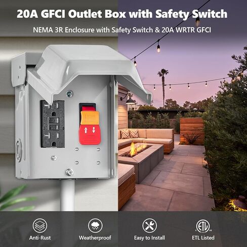 SURAIELEC Outdoor Electrical Outlet with Cover, 20 AMP WRTR GFCI Receptacle Plug, Rainproof 3R Enclosure, Weatherproof Exterior All Metal Power Switch Box for Halloween Decorations, Light, ETL Listed in Kuwait