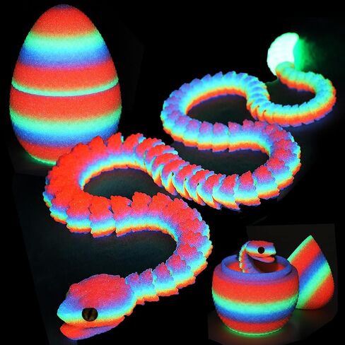TBOLINE 3D Printed Snake Eggs, 21in 3D Print Flexible Articulated Animal Fidget Toys, Glow in The Dark Pet Snake Toy for Kids Teen Boy Girls, Easter Egg Basket Stuffers (Glow-in-The-Dark Rainbow) in Kuwait