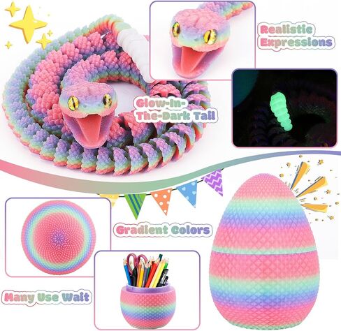 TBOLINE 3D Printed Snake Eggs, 21in 3D Print Flexible Articulated Animal Fidget Toys, Glow in The Dark Pet Snake Toy for Kids Teen Boy Girls, Easter Egg Basket Stuffers (Glow-in-The-Dark Rainbow) in Kuwait