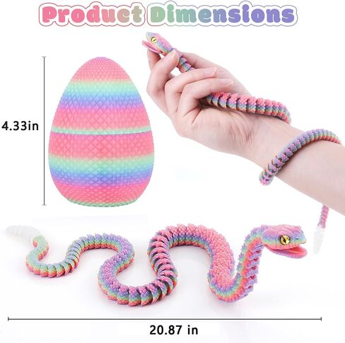 TBOLINE 3D Printed Snake Eggs, 21in 3D Print Flexible Articulated Animal Fidget Toys, Glow in The Dark Pet Snake Toy for Kids Teen Boy Girls, Easter Egg Basket Stuffers (Glow-in-The-Dark Rainbow) in Kuwait