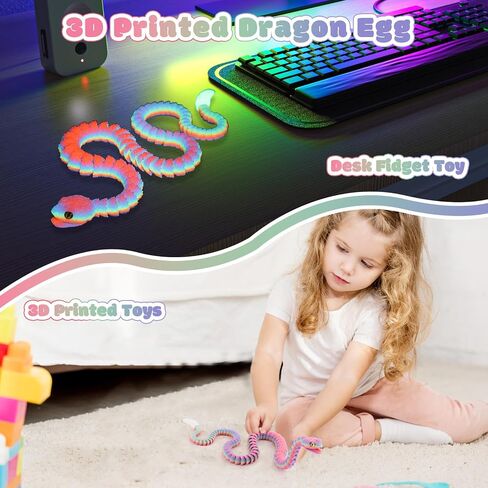 TBOLINE 3D Printed Snake Eggs, 21in 3D Print Flexible Articulated Animal Fidget Toys, Glow in The Dark Pet Snake Toy for Kids Teen Boy Girls, Easter Egg Basket Stuffers (Glow-in-The-Dark Rainbow) in Kuwait