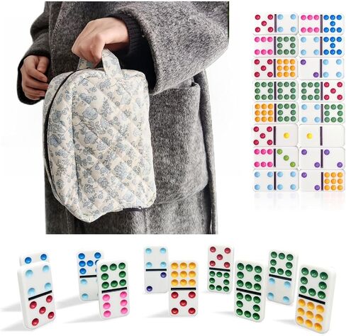 Dominos Set for Adults in Quilted Carrying Bag, Double 9 Dominoes Set for Travel, 55 Tiles, Portable Dominoes Set for Family (Double 9, Floral) in Saudi Arabia