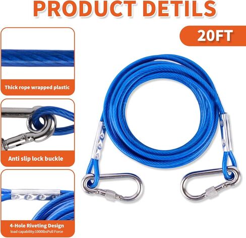 Heavy-Duty Dog Tie Out Stake with 2X20FT Tangle-Free Cables-360° Swivel Anchor, 200LBS Capacity-Stainless Steel&Aluminum Alloy for Two Dogs (Outdoor Camping/Yard)(Dog Stake+2X20ft Cable/200lbs) in Kuwait