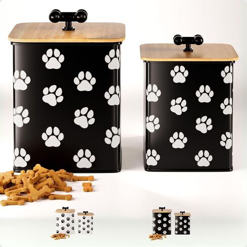 Dog Treat Container Airtight Set of 2 - 8x6 & 7x5 inch Iron Dog Treat Jars for Kitchen Counter with Airtight Bamboo Lids - 20 Cup Capacity Pet Treat Container Set - Doggie Cookie Jar - Treats Canister in Kuwait