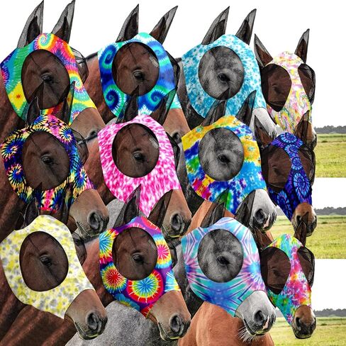 Qualirey12 Pieces Horse Fly Mask Bulk Comfortable Elasticity Mask for Horses with Ears Net UV Protection Breathable Face Covering for Pony and Foal(Large, Tie Dye Patterns) in Kuwait