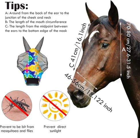 Qualirey12 Pieces Horse Fly Mask Bulk Comfortable Elasticity Mask for Horses with Ears Net UV Protection Breathable Face Covering for Pony and Foal(Large, Tie Dye Patterns) in Kuwait