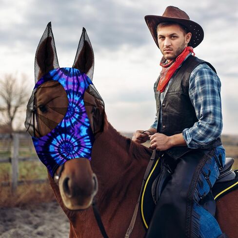 Qualirey12 Pieces Horse Fly Mask Bulk Comfortable Elasticity Mask for Horses with Ears Net UV Protection Breathable Face Covering for Pony and Foal(Large, Tie Dye Patterns) in Kuwait