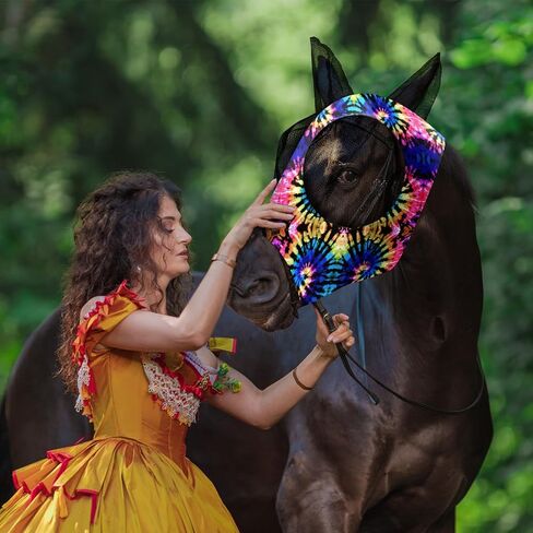 Qualirey12 Pieces Horse Fly Mask Bulk Comfortable Elasticity Mask for Horses with Ears Net UV Protection Breathable Face Covering for Pony and Foal(Large, Tie Dye Patterns) in Kuwait