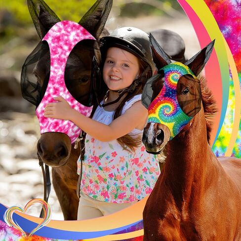 Qualirey12 Pieces Horse Fly Mask Bulk Comfortable Elasticity Mask for Horses with Ears Net UV Protection Breathable Face Covering for Pony and Foal(Large, Tie Dye Patterns) in Kuwait
