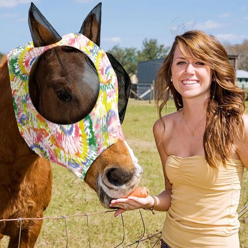 Qualirey12 Pieces Horse Fly Mask Bulk Comfortable Elasticity Mask for Horses with Ears Net UV Protection Breathable Face Covering for Pony and Foal(Large, Tie Dye Patterns) in Kuwait