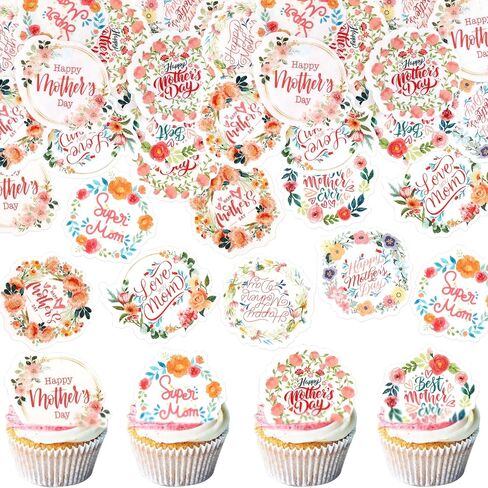 56 Pcs Edible Cupcake Toppers with Floral Decorations for Mother's Day, Mom's Birthday, and Best Mom Ever Celebrations (Mother's Day Round) in Saudi Arabia