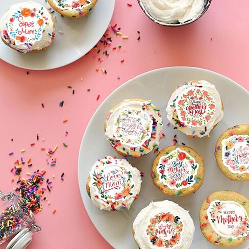 56 Pcs Edible Cupcake Toppers with Floral Decorations for Mother's Day, Mom's Birthday, and Best Mom Ever Celebrations (Mother's Day Round) in Saudi Arabia