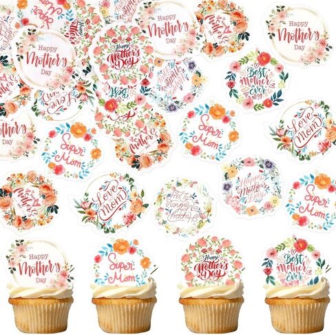 56 Pcs Edible Cupcake Toppers with Floral Decorations for Mother's Day, Mom's Birthday, and Best Mom Ever Celebrations (Mother's Day Round) in Saudi Arabia