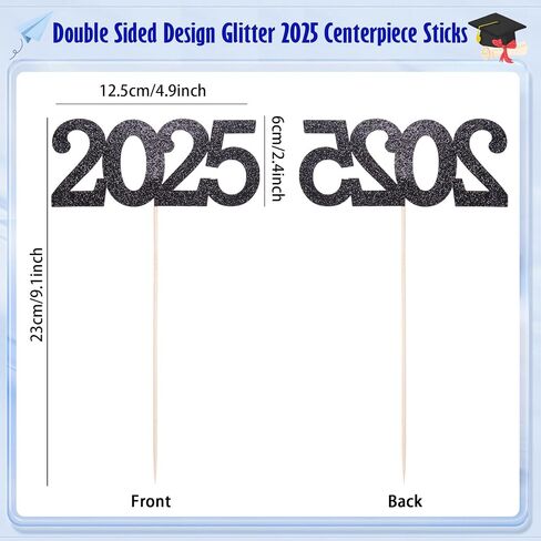 12 Pieces Glitter 2025 Centerpiece Sticks Black Double Sided 2025 Graduation Party Sticks 2025 Floral Picks Table Centerpiece Topper for 2025 Graduation New Year Party Decoration Supplies,4.9x9.1" in Saudi Arabia