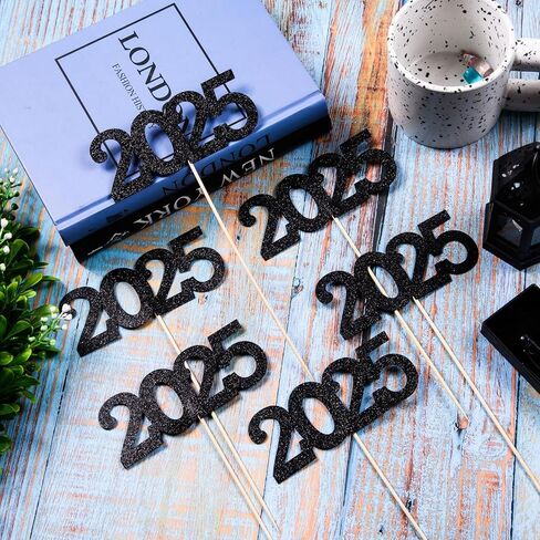 12 Pieces Glitter 2025 Centerpiece Sticks Black Double Sided 2025 Graduation Party Sticks 2025 Floral Picks Table Centerpiece Topper for 2025 Graduation New Year Party Decoration Supplies,4.9x9.1" in Saudi Arabia