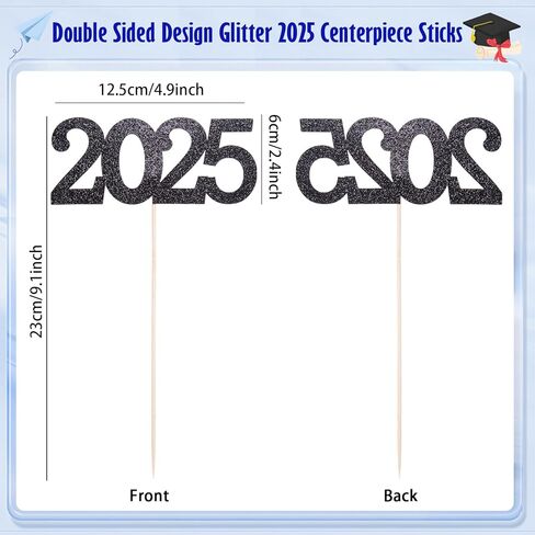 12 قطعة بريق 2025 العصي المركزية العصي الأسود مزدوج الوجه 2025 عصي التخرج الحفلات 2025 لقطات الأزهار الجدول مركزية topper لعام 2025 التخرج لوازم زخرفة الحفلات العام الجديد ، 4.9x9.1 " in Kuwait