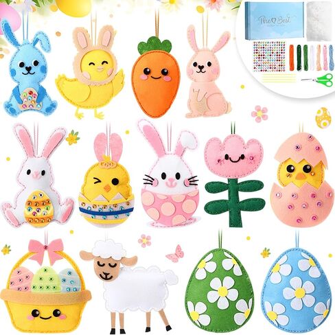 13 Pcs Easter Ornaments for Tree Felt Bunny Eggs Hanging Decorations Craft Fabric Sewing Kit Party Favors for Easter Activities DIY Making Gifts in Kuwait