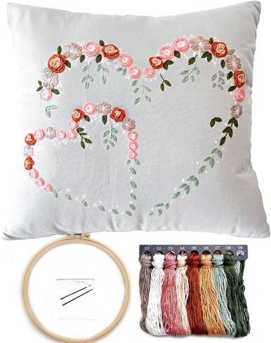 طقم تطريز Fonnuy Crewel Pillow Case ، Loving You Loving You Floral Stamped Pattern Matters للمبتدئين Audlt ، Works Crafts Throw Pillow Cover Great For Worth ، 18 × 18 '' (رمادي فاتح) in Kuwait