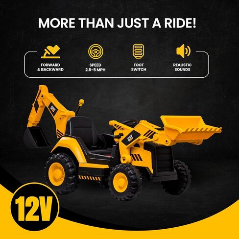 Kid Trax 12V CAT Backhoe Loader - Ride On Excavator Construction Toys for Boys w/Realistic Sounds, 2.5-5 mph Mini Bulldozer, Indoor/Outdoor Tractor Toys, Sturdy Toy Cars for Toddlers 3-6, Up to 66lbs in Saudi Arabia