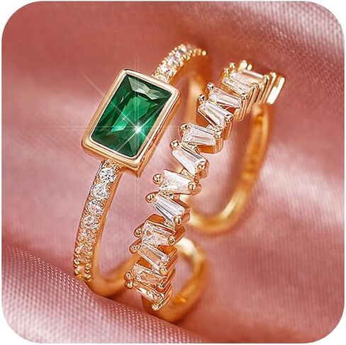 Sdouefos 925 Sterling Silver Women Emerald Engagement Open Ring Vintage 18K White Gold Plated Double-Bank Cubic Zirconia Wedding Ring Green Gemstone Birthstones Adjustable Stackable Ring Gold in Kuwait