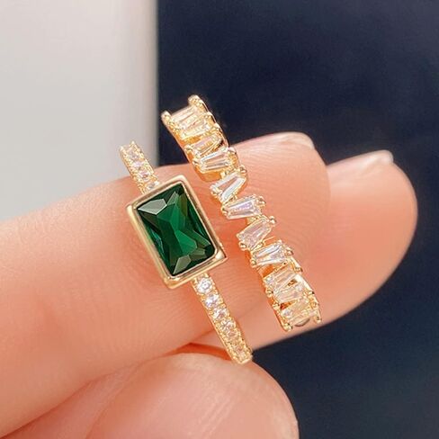 Sdouefos 925 Sterling Silver Women Emerald Engagement Open Ring Vintage 18K White Gold Plated Double-Bank Cubic Zirconia Wedding Ring Green Gemstone Birthstones Adjustable Stackable Ring Gold in Kuwait