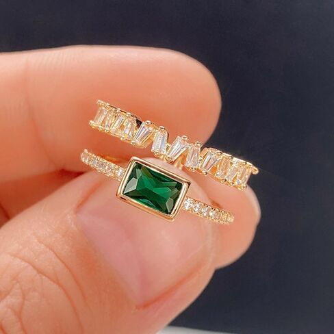 Sdouefos 925 Sterling Silver Women Emerald Engagement Open Ring Vintage 18K White Gold Plated Double-Bank Cubic Zirconia Wedding Ring Green Gemstone Birthstones Adjustable Stackable Ring Gold in Kuwait