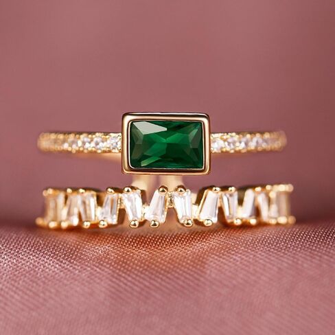 Sdouefos 925 Sterling Silver Women Emerald Engagement Open Ring Vintage 18K White Gold Plated Double-Bank Cubic Zirconia Wedding Ring Green Gemstone Birthstones Adjustable Stackable Ring Gold in Kuwait