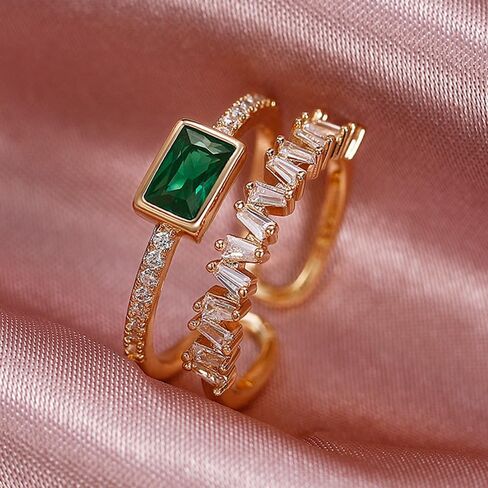 Sdouefos 925 Sterling Silver Women Emerald Engagement Open Ring Vintage 18K White Gold Plated Double-Bank Cubic Zirconia Wedding Ring Green Gemstone Birthstones Adjustable Stackable Ring Gold in Kuwait
