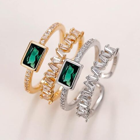 Sdouefos 925 Sterling Silver Women Emerald Engagement Open Ring Vintage 18K White Gold Plated Double-Bank Cubic Zirconia Wedding Ring Green Gemstone Birthstones Adjustable Stackable Ring Gold in Kuwait